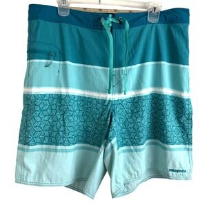Patagonia‎ Wavefarer Board Shorts 38 Blue Green Stripe Surf Swim 19"